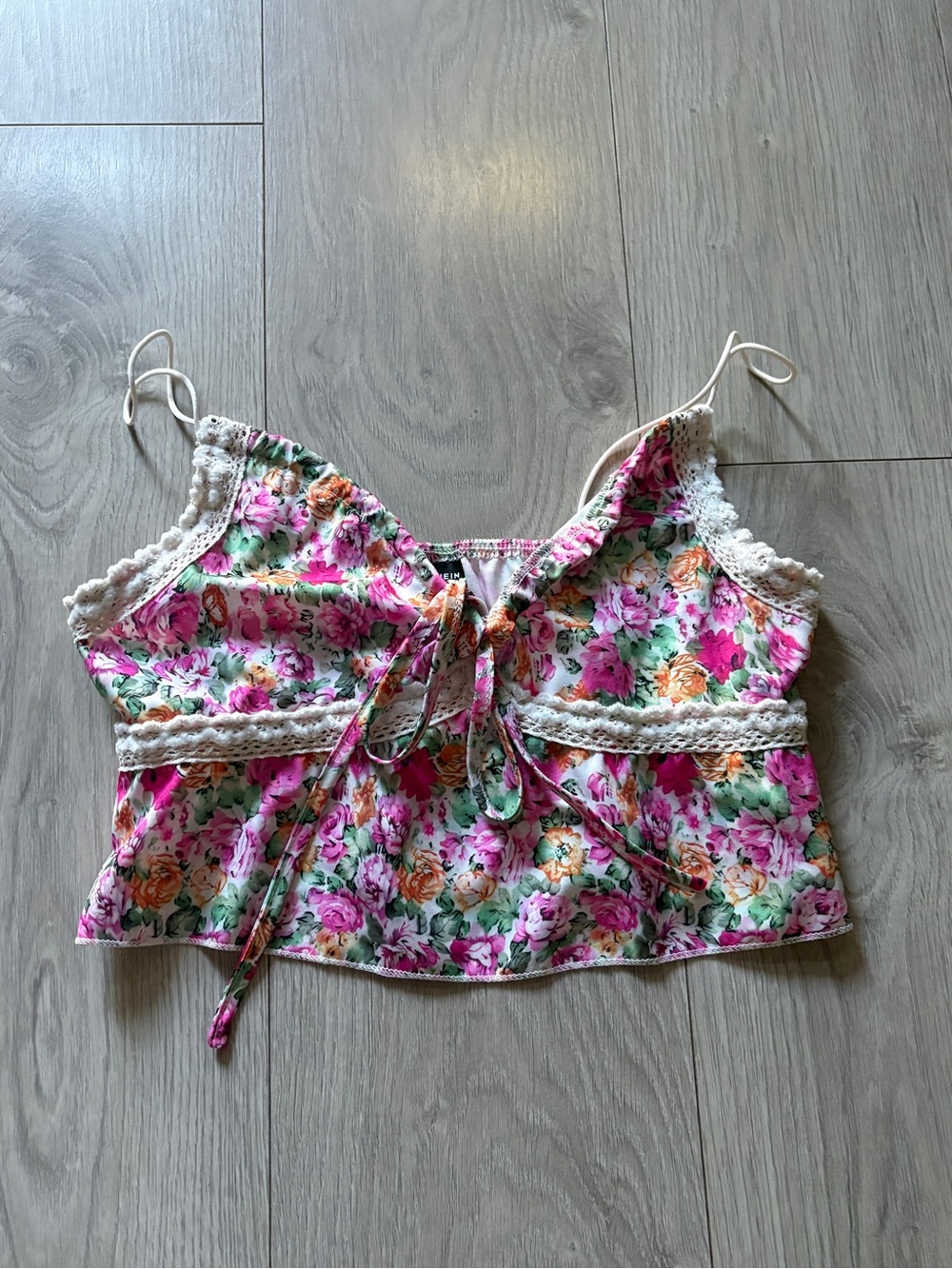 SHEIN Pink Floral Lace-Trim Tie-Front Crop Cami